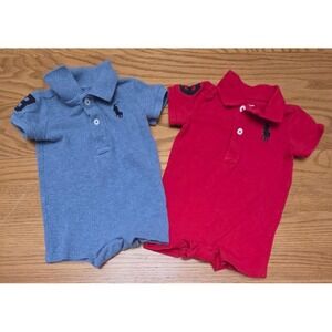 Lot of 2 Polo Ralph Lauren Baby Blue & Red Romper Size 3M Pony Logo One Piece